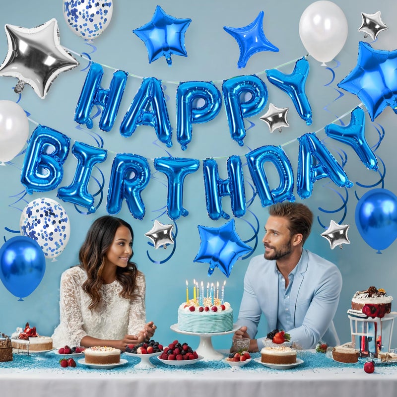 SPFYunion 56 قطعة من بالونات عيد الميلاد السعيد، لافتة عيد ميلاد سعيد، بالونات فضية وسوداء للأولاد والرجال والفتيات والنساء 16 و18 و20 و21 و25 و30 و40 و50 و60 من زخارف حفلات أعياد الميلاد (أزرق) - Image 5